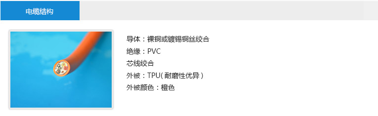 电缆结构： 导体：裸铜或镀锡铜丝绞合 绝缘：PVC 芯线绞合 外被：TPU(耐磨性优异) 外被颜色：橙色