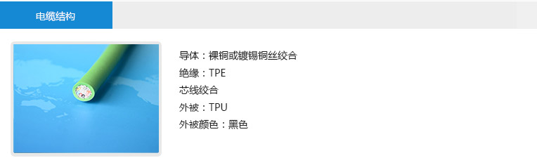 电缆结构： 导体：裸铜或镀锡铜丝绞合 绝缘：TPE 芯线绞合 外被：TPU 外被颜色：黑色